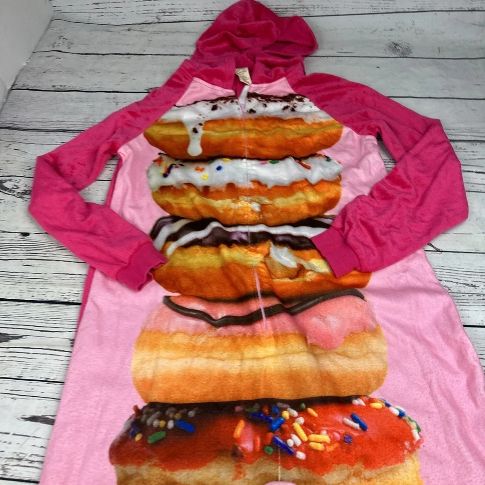 Faded Glory Womens Pink Doughnut Hooded 1 Piece Fleece Pajamas Union Suit Large